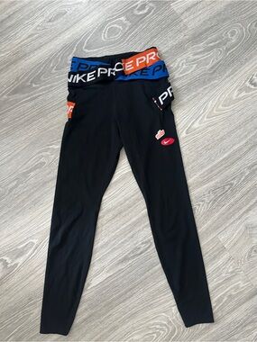 Nike Pro womens Black Compression Leggings with Multi-Color Waistband